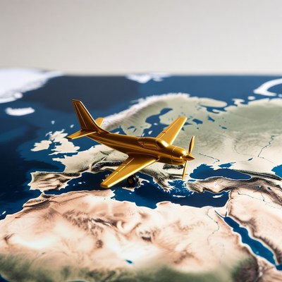 Golden airplane on world map