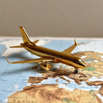 Golden airplane on world map