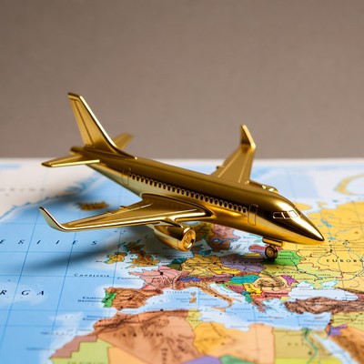 Golden toy airplane on world map