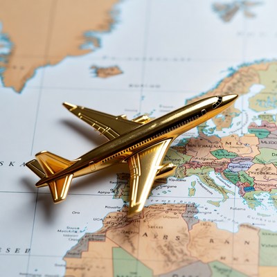 Golden airplane on world map