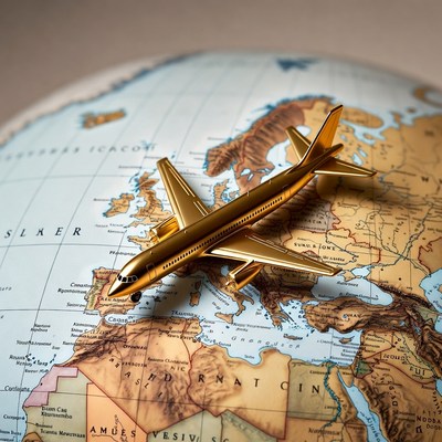 Golden airplane on world globe