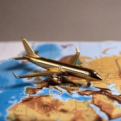 Golden Toy Airplane on World Map