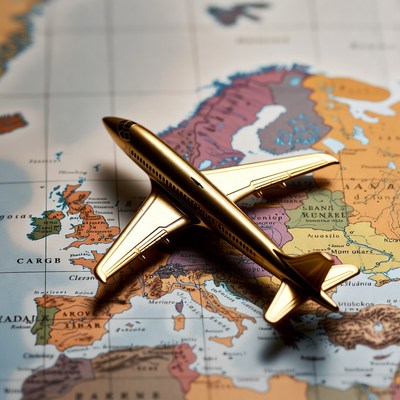 Golden airplane on Europe map