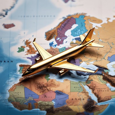 Golden airplane on world map