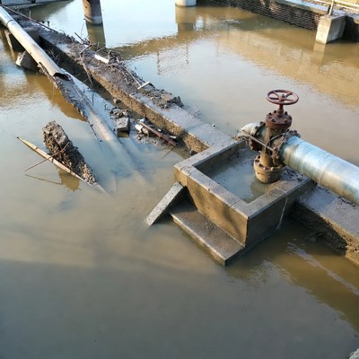 Rusty Valve in Flooded Industrial Pipe Area