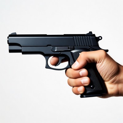Hand holding black pistol