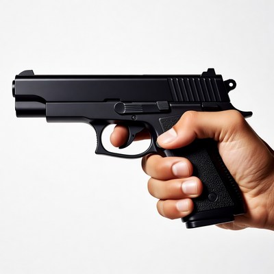 Hand holding black pistol