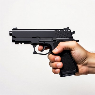 Man's hand holding black pistol