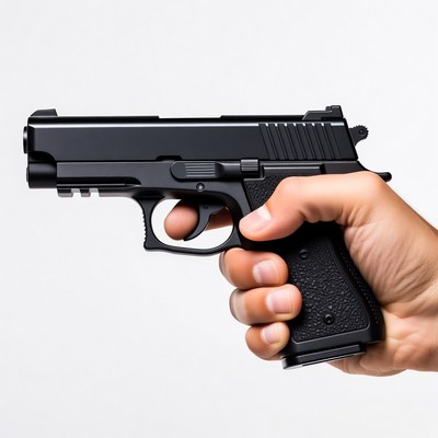Hand holding black pistol