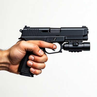 Man's hand holding black pistol with flashlight
