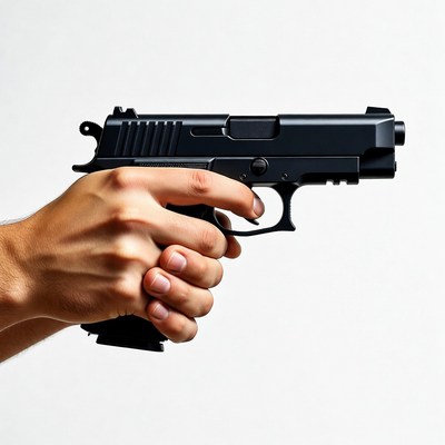 Man's hand holding black pistol