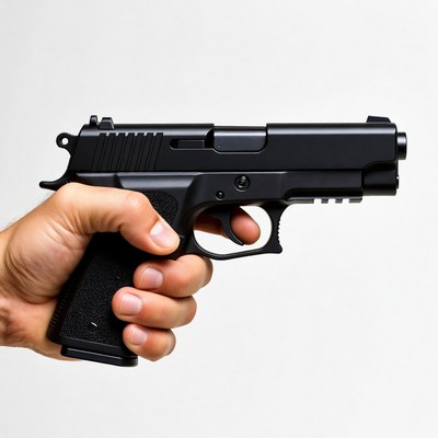 Man's hand holding black pistol