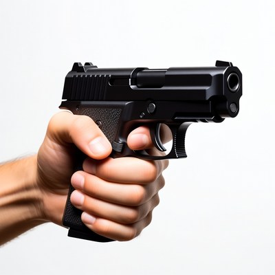 Man's hand holding black handgun