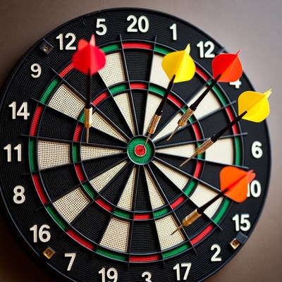 Dartboard with red and yellow darts