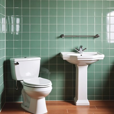 Green Tiled Bathroom with Toilet Sink