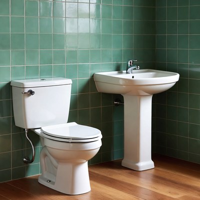 White Toilet and Sink in Green Tiled Bathroom