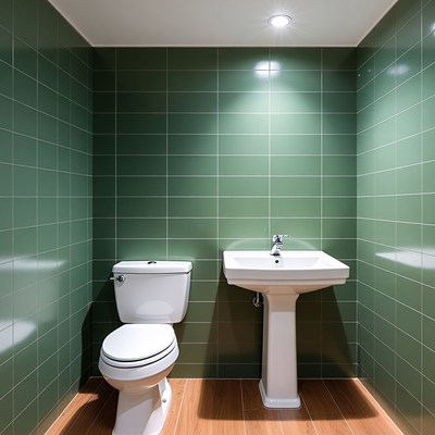 Green Tiled Bathroom with Toilet and Sink