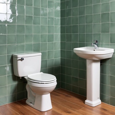 White Toilet and Sink in Green Tiled Bathroom