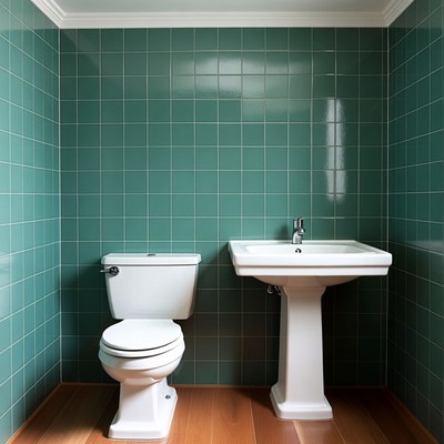 Teal Tiled Bathroom with Toilet and Sink