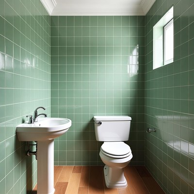 Green Tiled Bathroom with Sink and Toilet