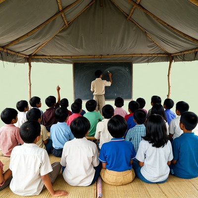 Asian teacher teaching class in tent