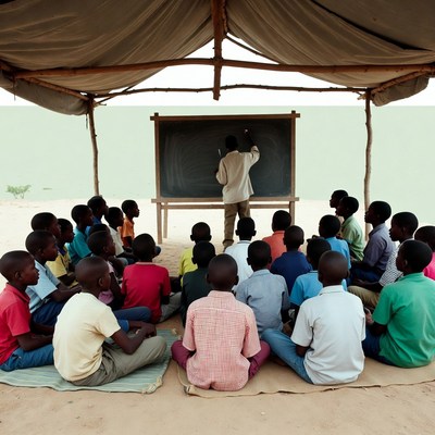 Teacher writing on blackboard in tent classroom