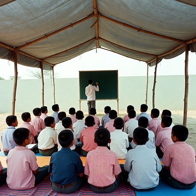 Teacher instructing boys in tent classroom