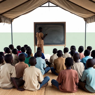 African teacher with students in tent classroom