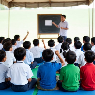 Asian teacher teaching class of students