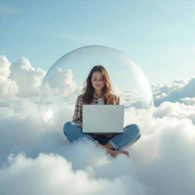 Woman working on laptop in cloud bubble