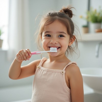 Girl brushing teeth in bathroom