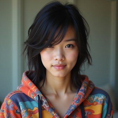 Asian woman in colorful hoodie