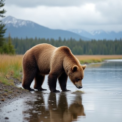 Grizzly bear drinking from lake