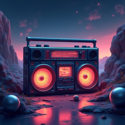 Glowing Boombox in Mountain Landscape