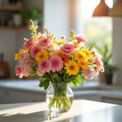 Colorful Daisies in Glass Vase