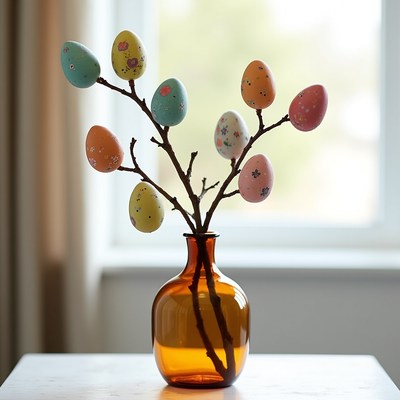 Colorful Easter eggs on branch in vase