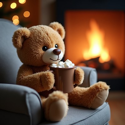 Teddy bear drinking hot cocoa by fireplace