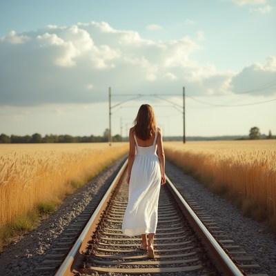 Woman walking on train tracks in wheat field