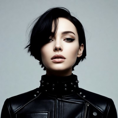 Woman with short black hair in leather jacket