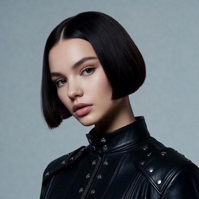 Woman with bob haircut in leather jacket