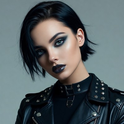 Woman with black bob haircut in leather jacket