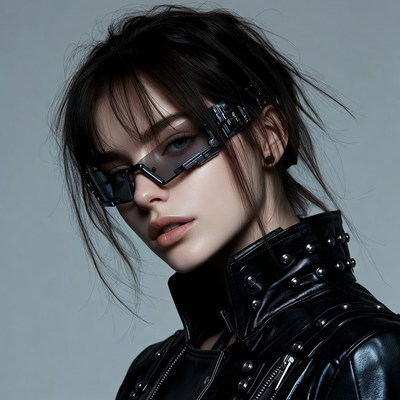 Woman in futuristic sunglasses and leather jacket