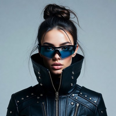 Woman in blue sunglasses and leather jacket