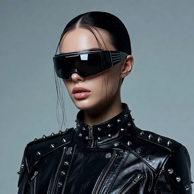 Woman in black studded leather jacket sunglasses
