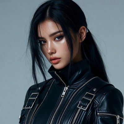Asian woman in black leather jacket