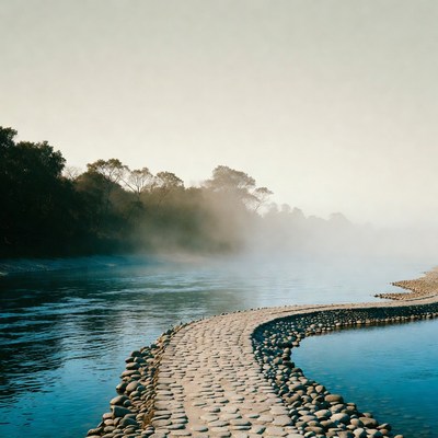 Curved stone path over misty river