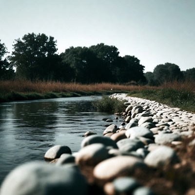 Rock-lined river with trees