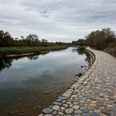 Cobblestone Path Along Riverbank