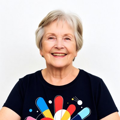Smiling elderly woman in colorful pill shirt