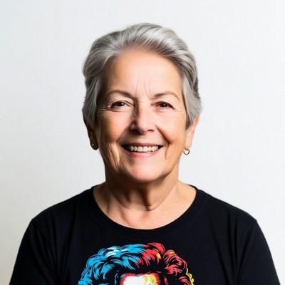 Smiling elderly woman in black t-shirt